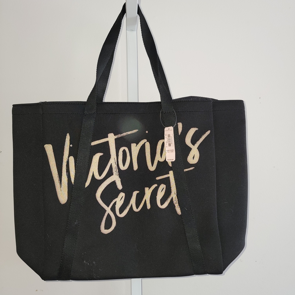 Victoria's Secret Black and Gold Neoprene Insulated Beach Tote 18" X 13" New